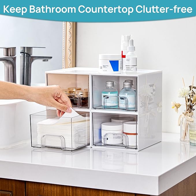 Vtopmart 4Pack Small Stackable Storage Drawers, Bathroom Makeup Organizer,Plastic Storage Bins for Vanity, Undersink, Kitchen Cabinets, Pantry, Home Organization(White) - Image 4