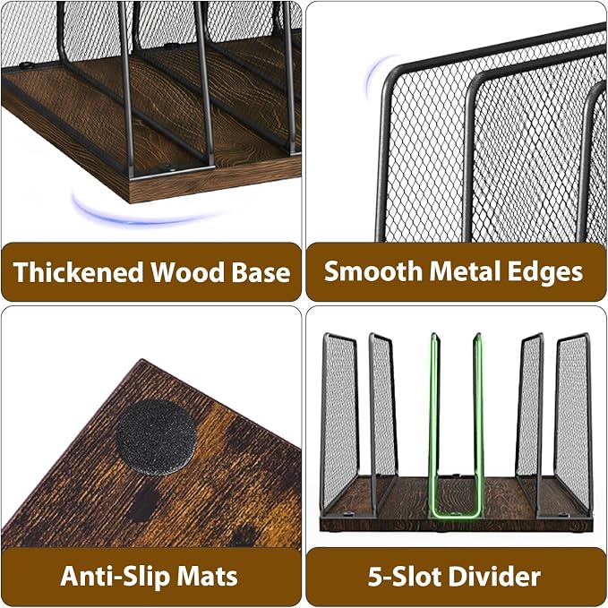 LEKETREE Desk File Organizer, 5-Section Upright File Sorter, Vertical File Folder Holder, Mesh Metal Wood Office Desktop Organization for Document, Magazine, Books and more (Wood and Black) - Image 5