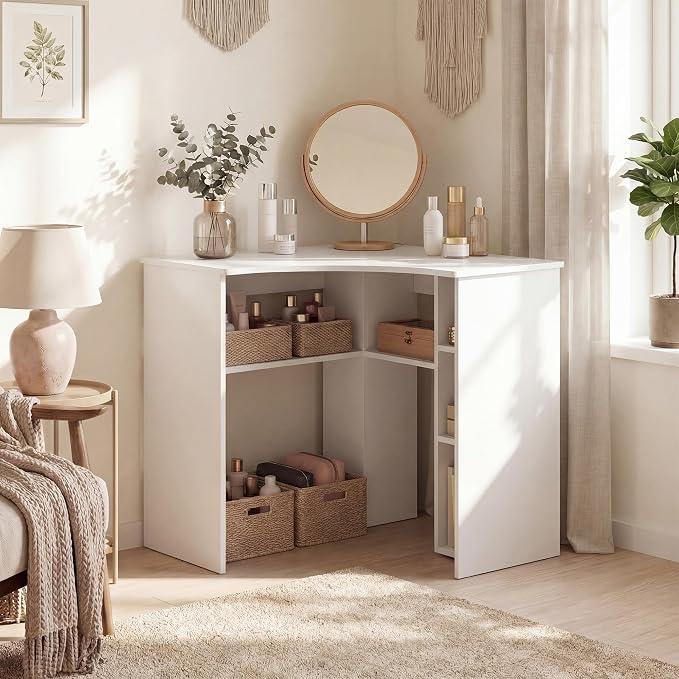GOFLAME White Corner Desk with Charging Station, Small Corner Desk with Storage Shelves, Triangle Computer Desk, Study Writing Table for Home Office, Small Spaces - Image 7