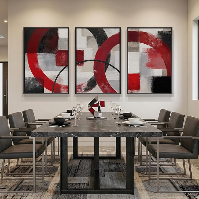 Large Framed Red Black White Abstract Wall Art for Living Room, Set of 3 Modern Canvas Prints Paintings Artwork for Walls, Red Black Geometric Pictures for Bedroom Hallway Office Wall Decor 24x36 In - Image 4