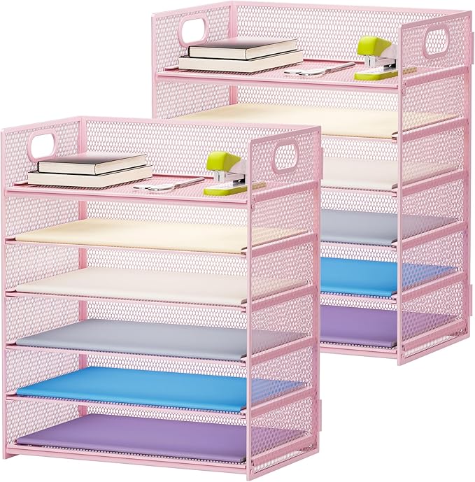 Marbrasse 2 Pack Desk Organizer with Handle, 6 Tier Paper Letter Tray, Mesh Desk File Organizer for Office, School and Home - Pink by Marbrasse