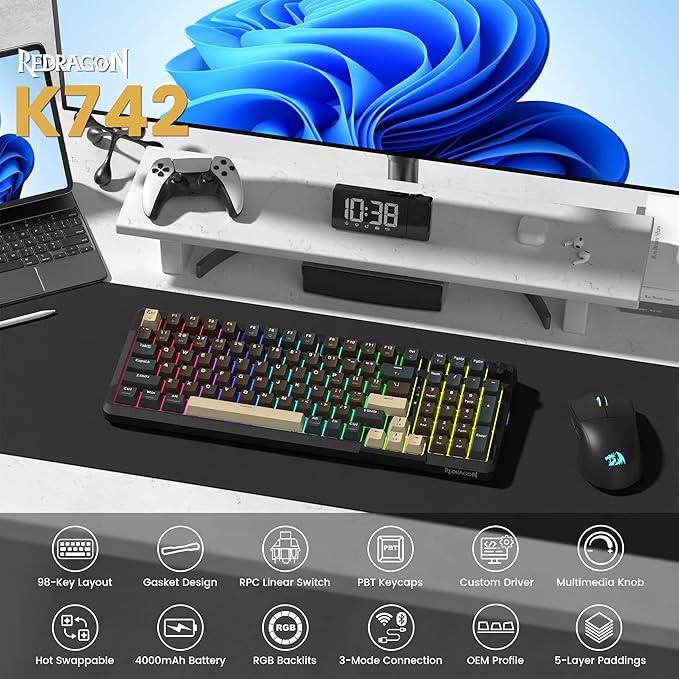 Redragon K742 Wireless Mechanical Gaming Keyboard with Knob, Bluetooth 5.0/2.4GHz/USB C Wired Creamy Keyboard with Number Pad for PC Computer, RGB Backlits, Hot-Swappable with Linear Switches (Brown) - Image 2