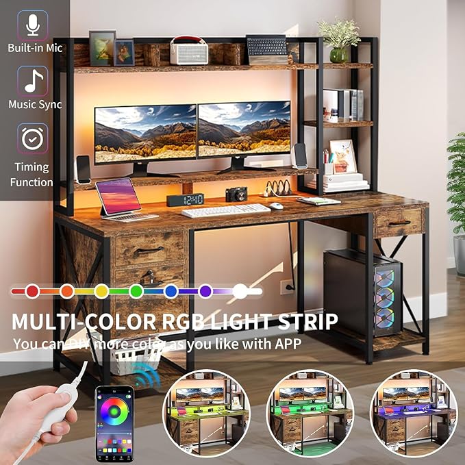 DWVO Computer Desk with Drawers & Hutch, 59.1" Office Desk with Power Outlets & LED Lights, Home Office Desk with Storage Shelves, Rustic Brown | Built-In Power Outlets, Led Lights, Hutch Shelves, Storage Drawers, for Home Office Work Study, Easy Assembly - Image 4