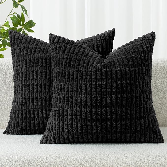 MIULEE Pack of 2 Corduroy Decorative Euro Sham Throw Pillow Covers 24x24 Inch Soft Boho Striped Pillow Covers Modern Farmhouse Home Decor for Halloween Sofa Living Room Couch Bed Black by MIULEE