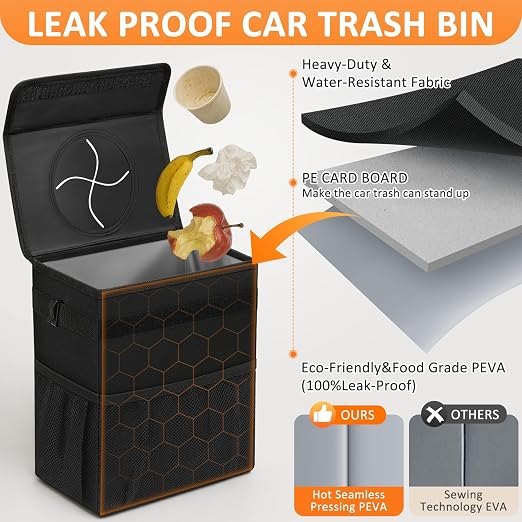 Vankor 4.2 Gallons Car Trash Can with Lid, Bag Bin Hanging Waterproof Automotive Car Garbage Cans Leak Proof Vehicle Trash Can for Truck SUV,Black - Image 3