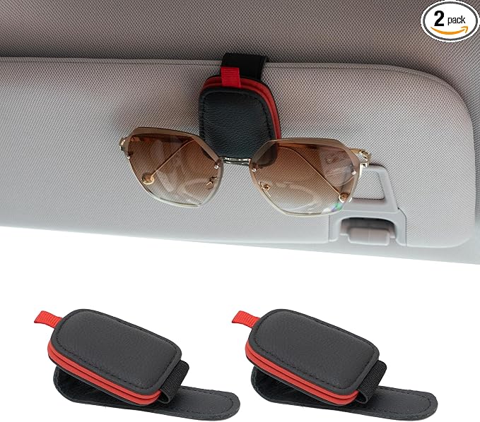 Yuoyar Magnetic Leather Sunglasses Holder for Car, 2 Packs (Black-red) | Magnetic Car Visor Accessories by YUOYAR