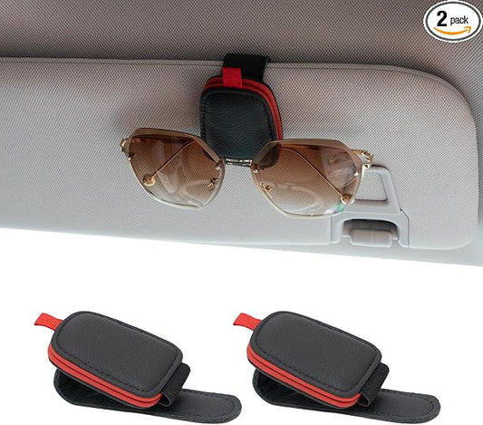 Yuoyar Magnetic Leather Sunglasses Holder for Car, 2 Packs (Black-red) | Magnetic Car Visor Accessories by YUOYAR