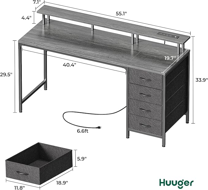 Huuger 55 Inch Computer Desk with Power Outlets and LED Lights, Gaming Desk with 4 Drawers, Office Desk with Monitor Stand, Study Work, Home Office, Gray - Image 2
