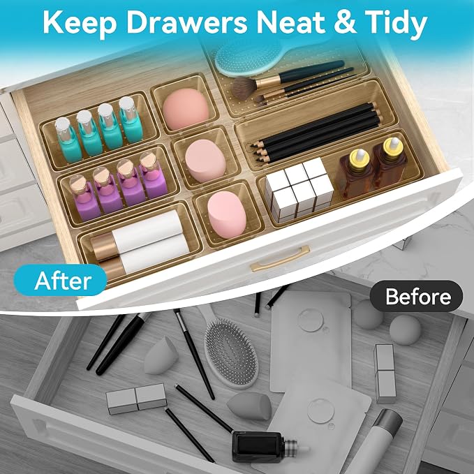 12 PCS Drawer Organizer Set, Makeup Organizers, Champagne | 4 Sizes, Plastic, Stackable, Multiple Gadgets, Desk Drawer Divider Organizers, for Makeup, Office Supplies Storage - Image 3