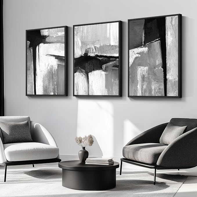 Large Framed Black and White Gray Abstract Wall Art for Living Room, 3 Piece Modern Canvas Prints Paintings Artwork for Walls, Grey Abstract Pictures for Hallway Office Wall Decor 24x36 In - Image 8