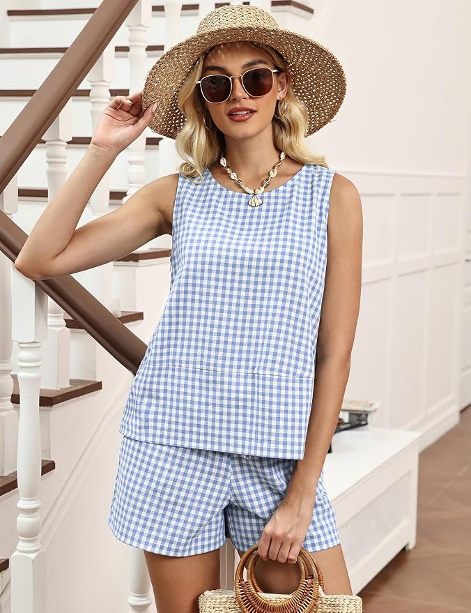 LOMON Women's Trendy 2 Piece Outfits Shorts Sets Summer Crew Neck Sleeveless Tank Top and Bottom Matching with Pockets 2026 - Image 2