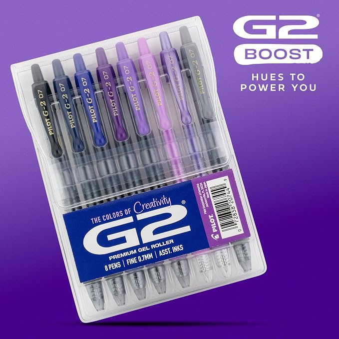 Pilot G2 Premium Gel Roller Pens, G2 Boost Purple Pens Pack, The Colors of Creativity, 8 Pack Pouch, Fine Point 0.7 mm, Assorted - Image 2