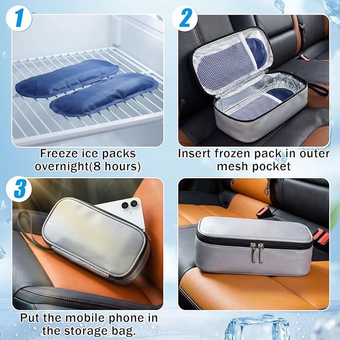 Phone Cooler Bag for Beach, Portable Phone Cooling Pouch with 2 Reusable Ice Packs, Keeps Cool in Extreme Heat for Car Pool Hiking, Extends Battery Life, Fits All Smartphones(Gray,PU) - Image 3