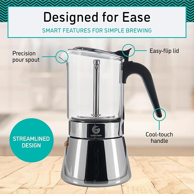 Coffee Gator 4 Cup Moka Pot, 6.7oz Stovetop Espresso Maker for Italian Coffee, Transparent Glass & Stainless Steel Design, Silver, 200ml - Image 3