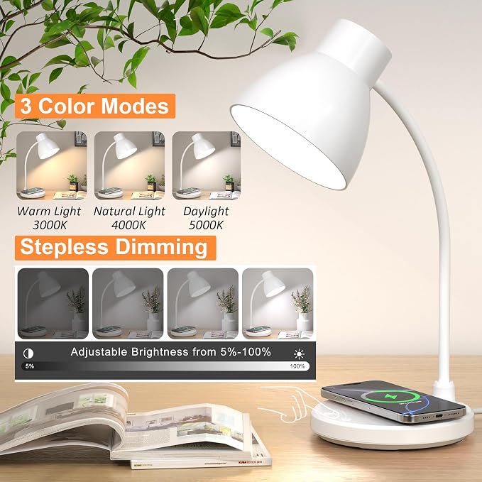 LED Desk Lamp for Home Office with Wireless Charger, White | 3 Color Modes Dimmable Eye-Caring Study Reading Dorm Desk Lamp, 360° Flexible Arm Table Lamp for College Dorm Room, 800 Lumen - Image 3