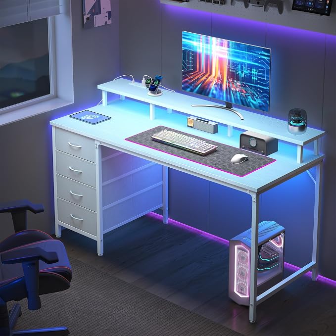 DUMOS 47-Inch Gaming Desk with Power Outlets and LED Lights, White | Computer Desk with 4 Storage Drawers, Home Office Desk with Monitor Stand, Small Desk for Bedroom Study - Image 2