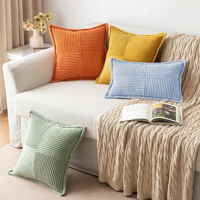 MIULEE Decorative Throw Pillow Covers for Couch Bed Livingroom 18x18 Inch Set of 2 Light Blue Boho Accent Throw Pllows Broadside Striped Patchwork Soft Corduroy Pillowcases - Image 4