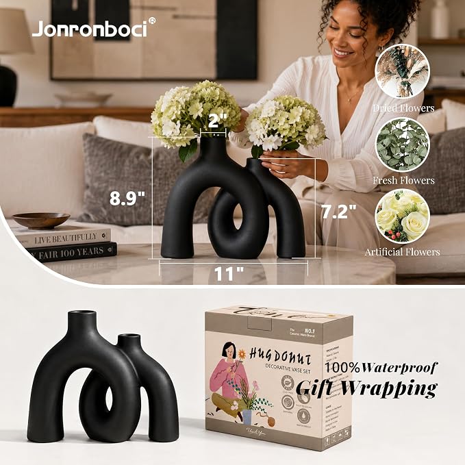 Matte Black Vase Set - Hug Hollow Donut Aesthetic Ceramic Vases Home Decor, Modern Nordic Minimalist Decorative Vase for Table Centerpiece Bookshelf Office Entryway Console Fireplace (Black) - Image 4