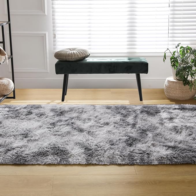 Tepook Fluffy Runner Rugs for Bedroom Aesthetic 2x6 Feet, Shag Soft Bedside Rug with Non-Slip Bottom, Fuzzy Plush Carpet for Room, Hallway Rug for Nursery Dorm Indoor Home Decor, Tie-dye Light Grey - Image 5