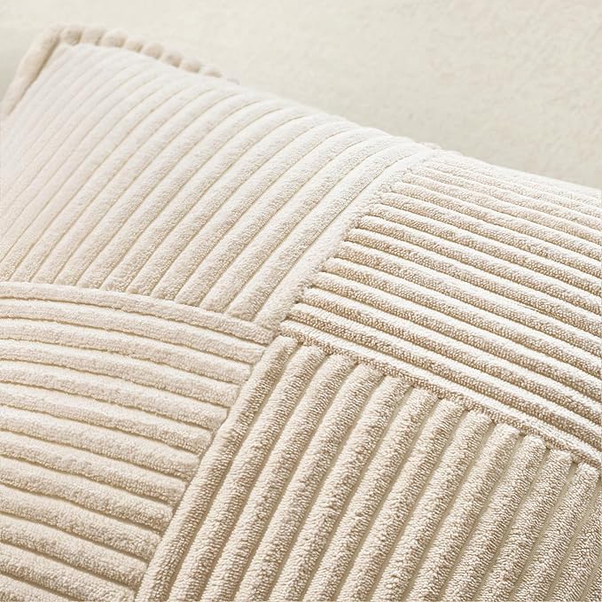MIULEE Decorative Euro Sham Throw Pillow Covers for Couch Bed Livingroom 22x22 Inch Set of 2 Beige Boho Accent Throw Pllows Broadside Striped Patchwork Soft Corduroy Pillowcases - Image 5