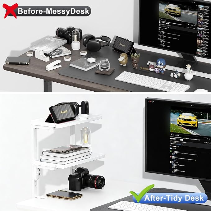 2-Tier Desk Shelf | Desk Organization Expandable Clamp on Desk Shelf Desktop Accessories for Offices and Game Rooms (White) - Image 3