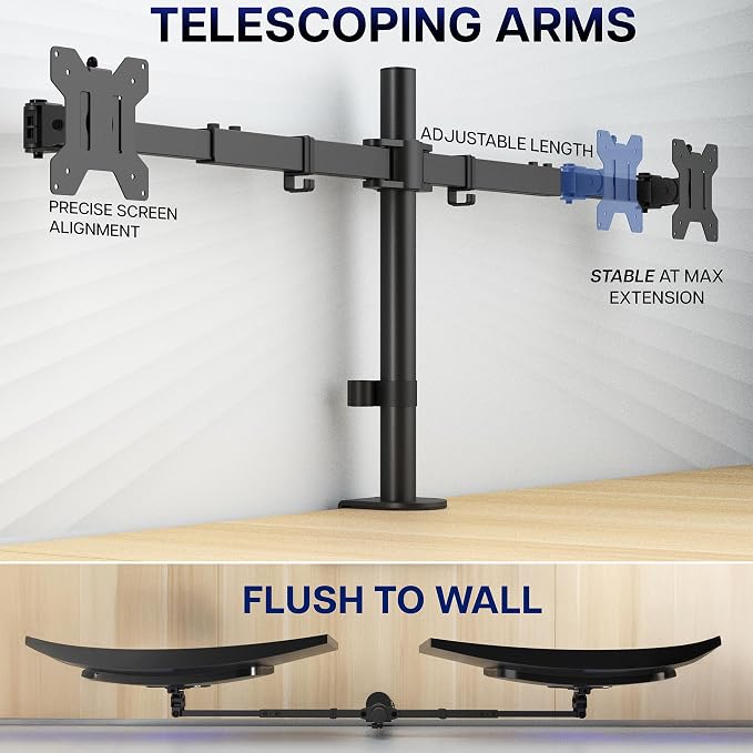 VIVO Premium Dual Ultra Wide LCD LED 27 to 38 inch Monitor Desk Mount, Heavy Duty, Adjustable Telescoping Arms, Flush Wall Setup, Fits 2 Screens, Black, STAND-TS38C - Image 3