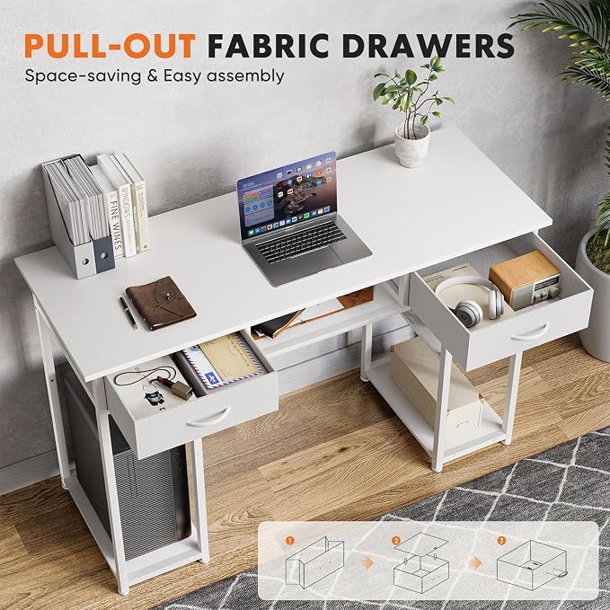 47 Inch Computer Desk with 2 Drawers, Home Office Desk with Wooden Shelves, Study Writing PC Table for Small Spaces, Bedroom, Dorm or Living Room, White - Image 4