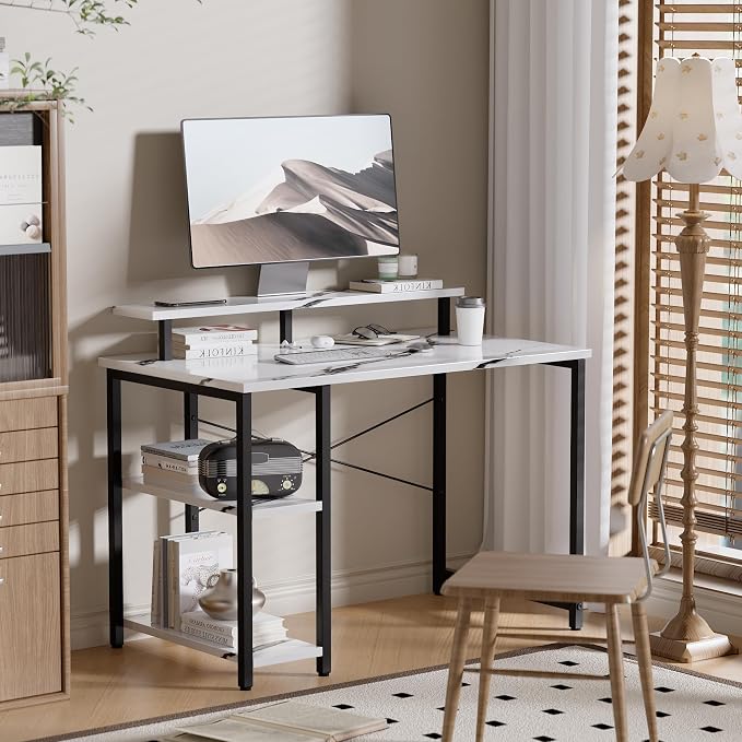 Pamray 33.5 Inch Small Computer Desk with Monitor Stand and Shelves | Sturdy, Space-Saving, Easy Assemblely, Suitable for Bedroom, Office, Apartment and Dorm, Used for Writing and Studying - Image 2
