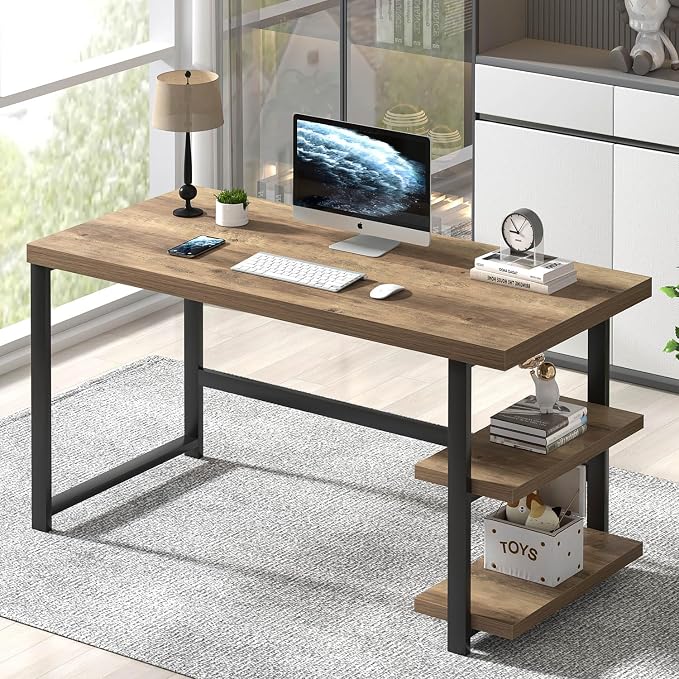 FOLUBAN Computer Desk, Wood and Metal Home Office Desk with Storage Shelves, Small Study Writing Table Workstation for Bedroom Living Room, Rustic Oak, 47 Inch by FOLUBAN