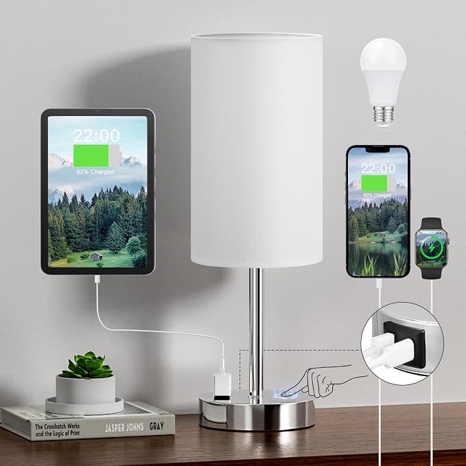 Fenmzee Touch Bedside Lamp - White, 3-Way Dimmable, USB A + C Charging, AC Outlet, 17.4inch Medium - Image 8