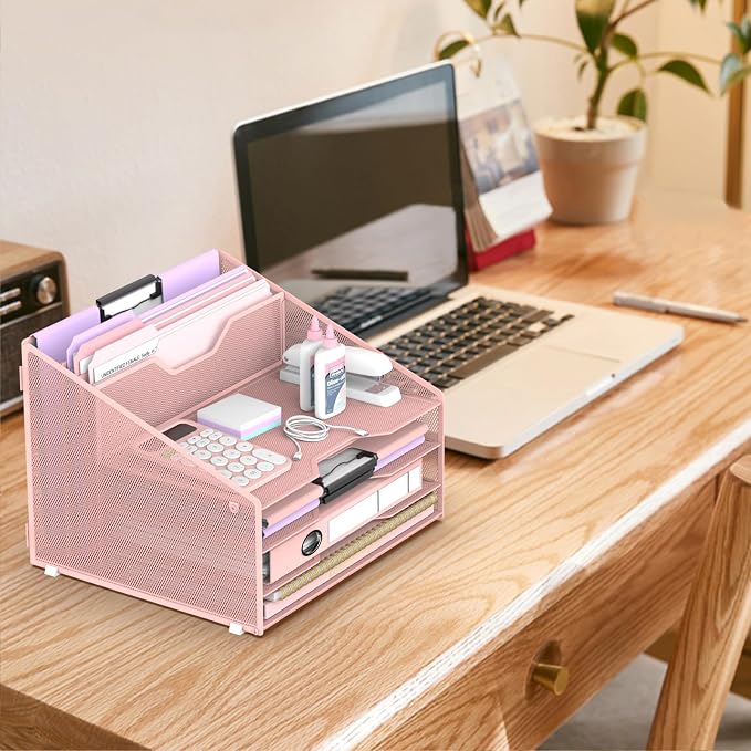 Desk File Organizer, 4 Letter Trays and 2 Upright Sections, Pink | Paper Organizer for Desk with Tiered Letter Trays and Vertical File Holders for Home Office, School and Workspace Use - Image 7