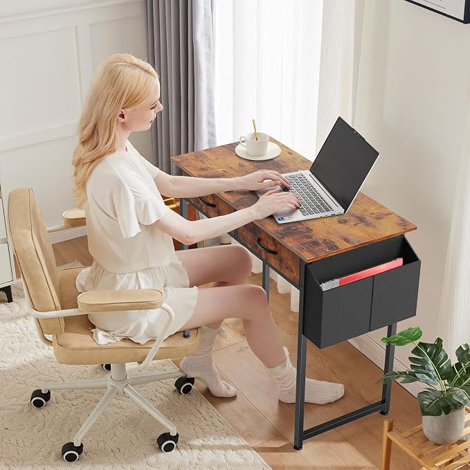 DUMOS 32" Home Office Computer Desk with Drawers, Small Gaming Writing Study Table with Storage Side Bag, Headphone Hook and Adjustable Feet for Bedroom Rustic Brown - Image 2