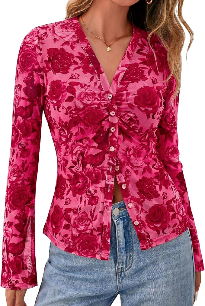 BTFBM Button Down Shirts for Women 2026 Fall Boho Tops V Neck Long Sleeve Blouses Ruched Mesh Fitted Fashion Clothing - Image 7
