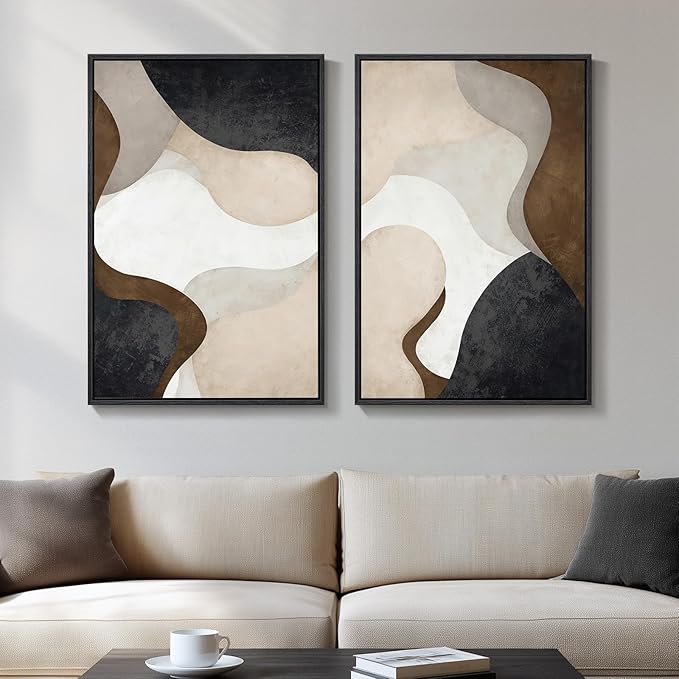 Framed Neutral Abstract Minimalist Wall Art Set of 2, Modern Canvas Prints Paintings Artwork for Walls, Black Beige Brown Abstract Art Pictures for Bedroom Living Room Dining Room Wall Decor 16x24 In by Cuspin
