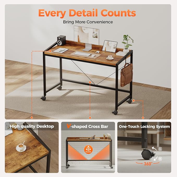 Mericonia 47x20 Inch Small Computer Desk with Wheels & Rear Lip | Simple Rolling Desk, Writing Table for Home Office Bedroom Work Study, Brown - Image 6