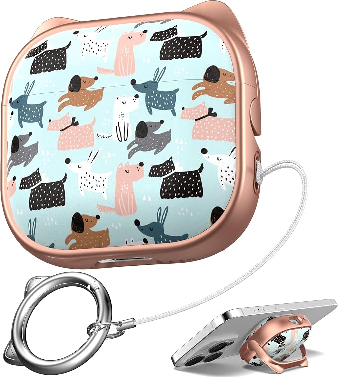 for AirPods 4 Case with Cleaning Kit, Cute Cat Ear Print Design & Cute Buckle, Inverted Phone Holder Design, Top Safe Lock Buckle Design, for Girls AirPods 4 case 2024, Rose Gold Animal by MHYALUDO