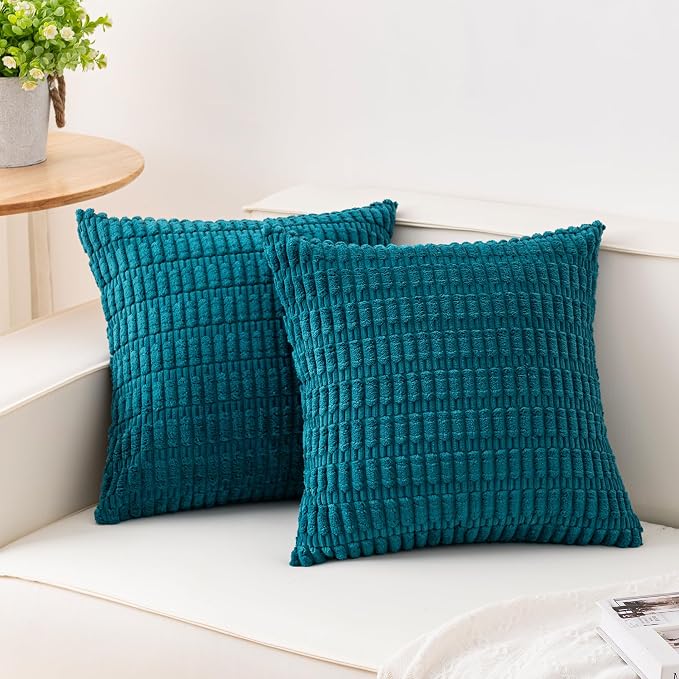 Aegero Pack of 2 Corduroy Decorative Throw Pillow Covers 18x18 Inch Soft Striped Pillow Covers Modern Farmhouse Home Decor for Sofa Living Room Couch Bed（Turquoise） by Unknown
