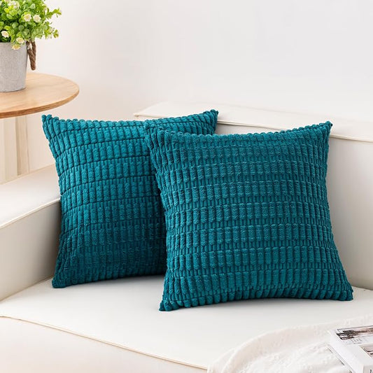 Aegero Pack of 2 Corduroy Decorative Throw Pillow Covers 18x18 Inch Soft Striped Pillow Covers Modern Farmhouse Home Decor for Sofa Living Room Couch Bed（Turquoise） by Unknown