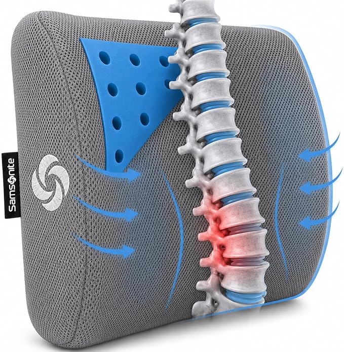 Samsonite Memory Foam Lumbar Support Pillow for Office Chair, Gaming Chair, or Car-Ergonomic Back Cushion-Home Essentials for Sitting Comfort and Posture Relief Back Support with Cooling Gel, Grey by Samsonite