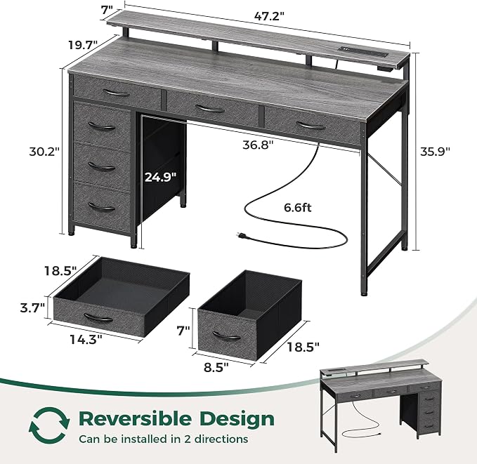 Huuger Gaming Desk with 6 Drawers, Computer Desk with LED Lights Power Outlets and Type-C, 47 Inch Office Desk with Storage, Monitor Stand, Writing Work Desk Home Office, Bedroom, Study, Grey - Image 3
