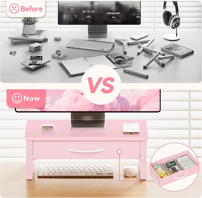 Desk Organizers and Accessories, Computer Monitor Stand Riser with Fabric Drawer, 2-Tier Laptop Stand for Desk, Office Organization Accessories, Pink - Image 3