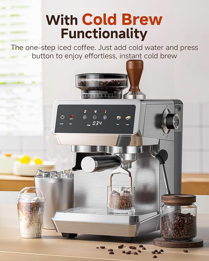 AMZCHEF Espresso Machine With Grinder, Temp Control, 44 Grind Settings | Hot & Cold Brew, Cappuccinos & Lattes, Built-in Grinder, Milk Frother, Touch Screen, Easy to Clean, Compact Design, Silver - Image 5