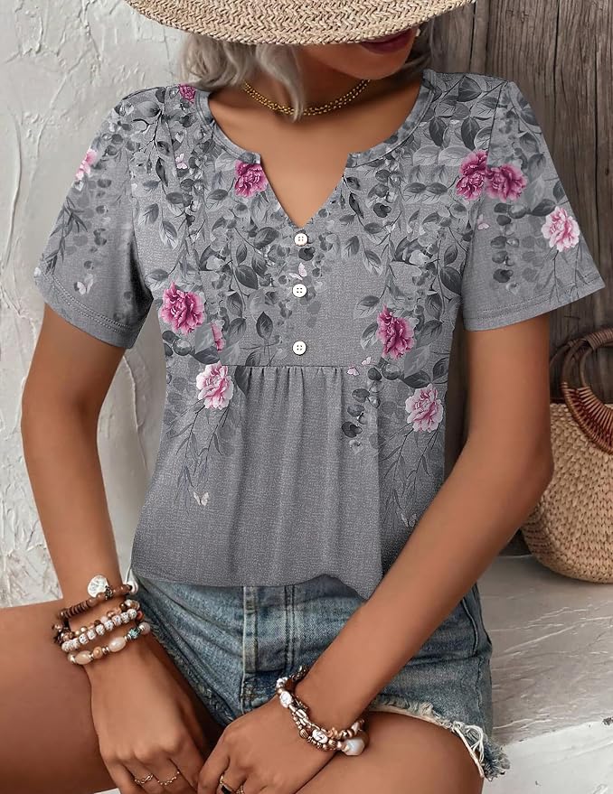 Zeagoo Womens Short Sleeve Tops Summer Henley V-Neck Tshirts Casual Pleated Blouse Dressy Loose Floral Basic Tee - Image 4