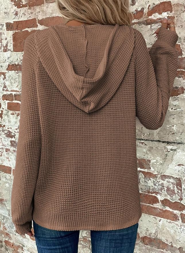 Dokotoo Hoodies for Women Waffle Knit Long Sleeve Drawstring Button V Neck Casual Sweatshirt Hooded Tops Fashion Clothing - Image 2