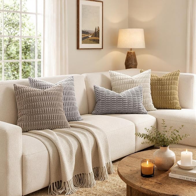 MIULEE Pack of 2 Corduroy Decorative Throw Pillow Covers 16x16 Inch Soft Boho Striped Pillow Covers Modern Farmhouse Home Decor for Sofa Living Room Couch Bed Light Grey - Image 3