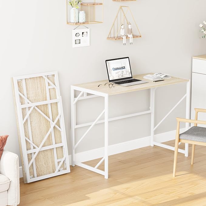 Elephance Folding Desk Writing Computer Desk for Home Office No-Assembly | Study Office Desk,Foldable Table for Small Spaces,39.4 Inch,Beige - Image 2