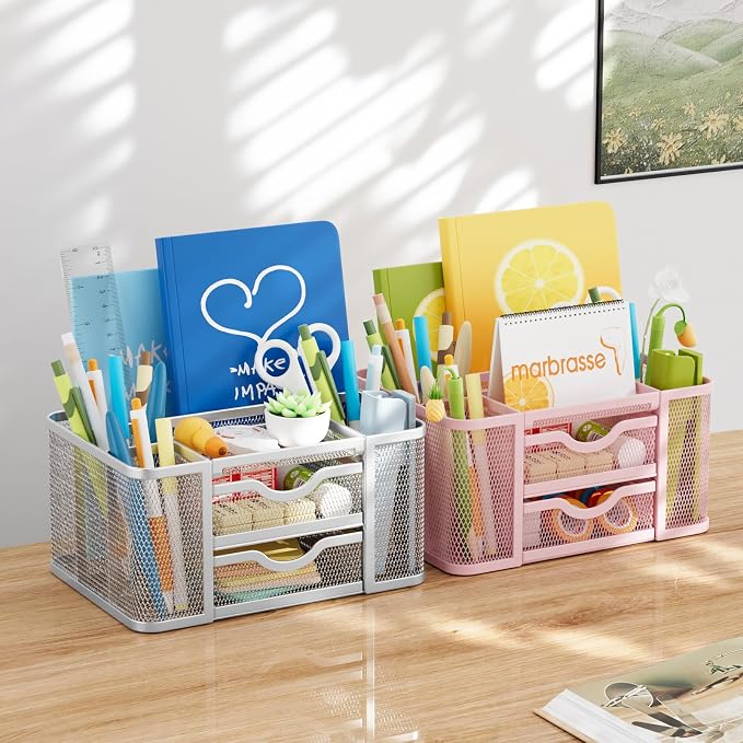 Marbrasse Mesh Desk Organizer, Pen Organizer with 2 Drawer, Multi-Functional Pencil Holder, Desk Organizers and Accessories with 5 Compartments + Drawer for Office Art Supplies (Silver) - Image 3