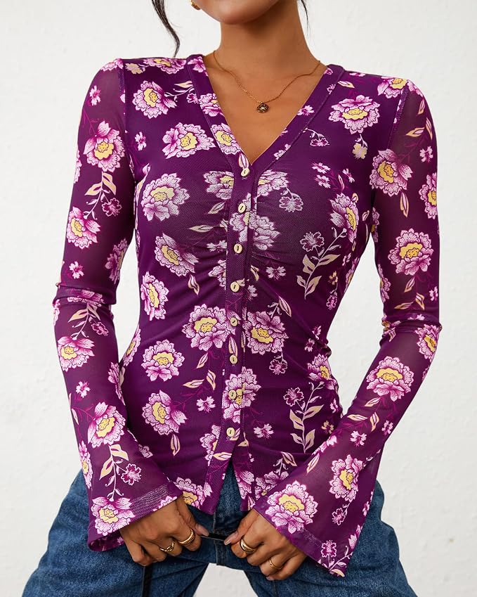 BTFBM Button Down Shirts for Women 2026 Fall Boho Tops V Neck Long Sleeve Blouses Ruched Mesh Fitted Fashion Clothing - Image 3
