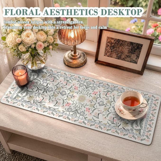 iCasso Aesthetic Desk Mat,31.5x11.8in Mouse Pads, Gray Floral | Anti-Slip Mousepad with Stitched Edges, Waterproof Computer Pad, Desk Accessories Office Decor for Women - Image 6