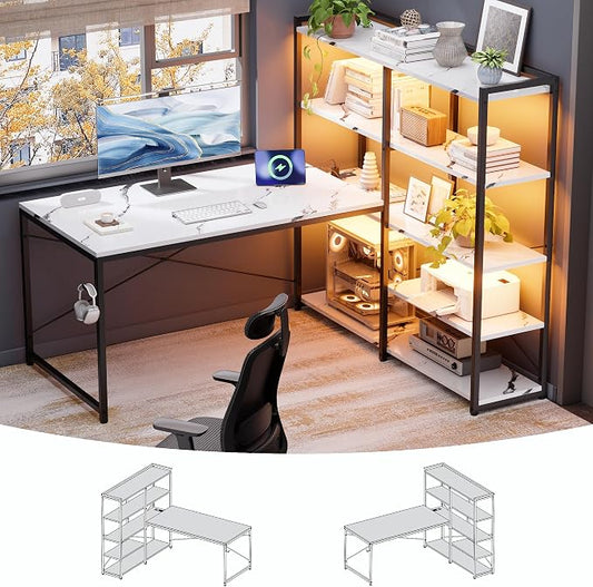 Pamray 49 Inch L Shaped Gaming Computer Desk with Shelves and Storage | Compact Reversible Design with LED Lights & Power Outlets, Suitable for Home Office Bedroom Small Spaces and Dorm Study Work by PAMRAY